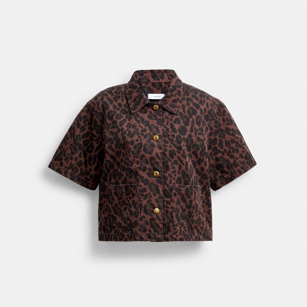Leopard Print Denim Short Sleeve Top