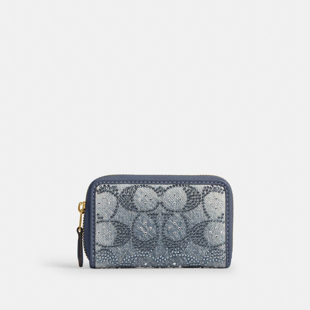 Essential Small Zip Around Card Case In Regenerative Cotton Denim With Crystal Signature