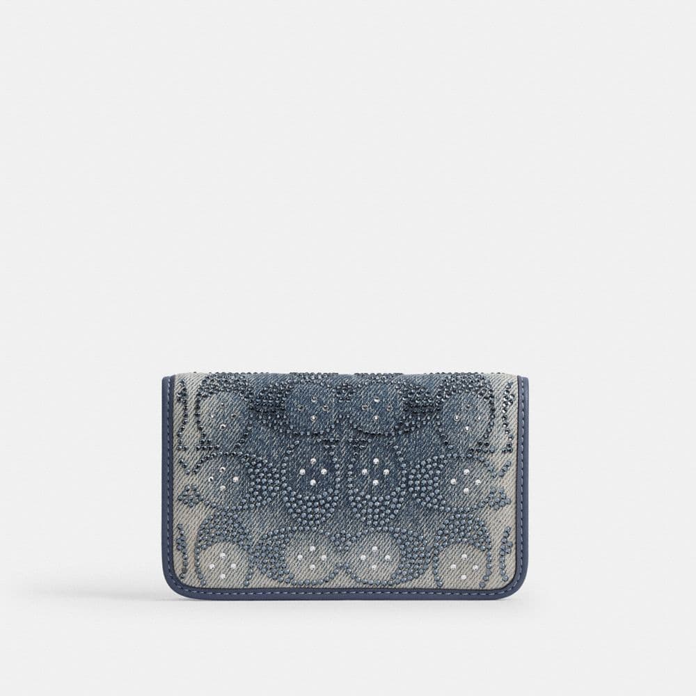 Essential Slim Card Case In Regenerative Cotton Denim With Crystal Signature